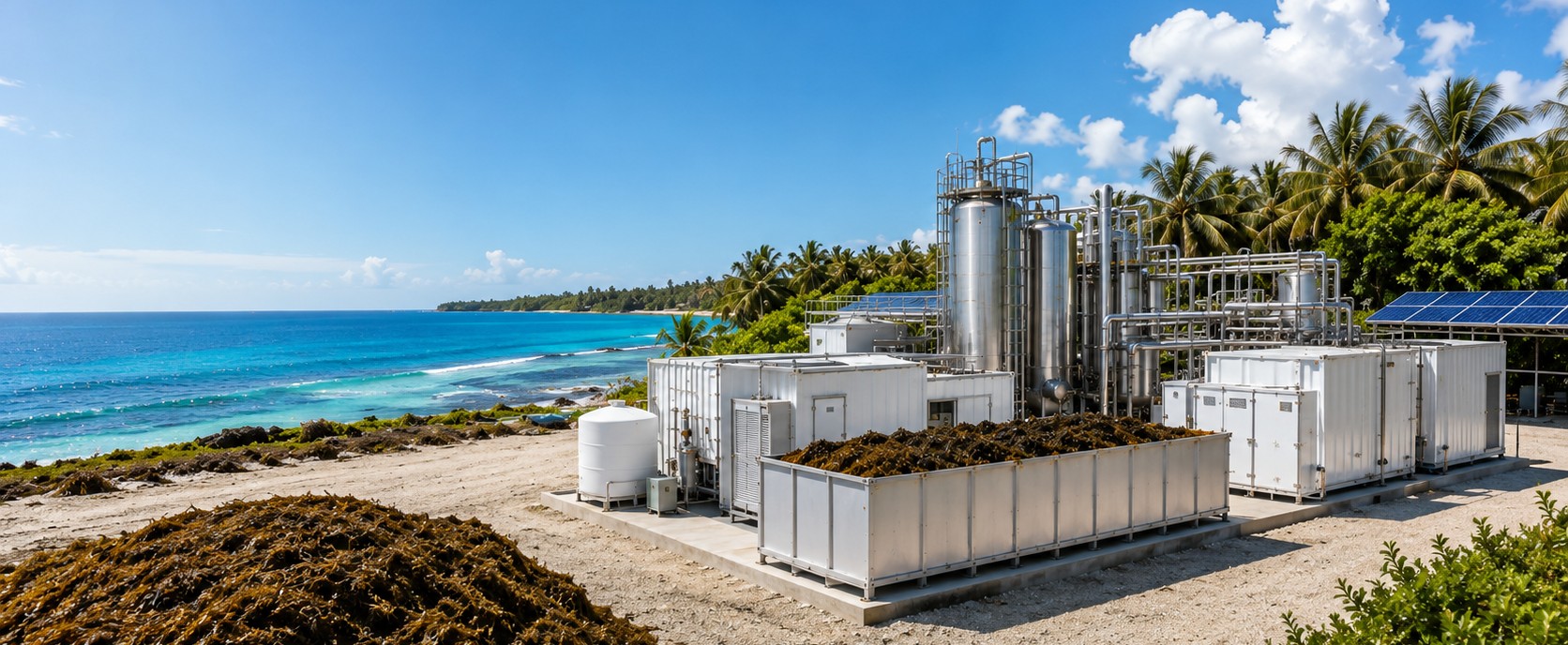 Coastal modular seaweed biorefinery with tanks, containers and solar power by the sea
